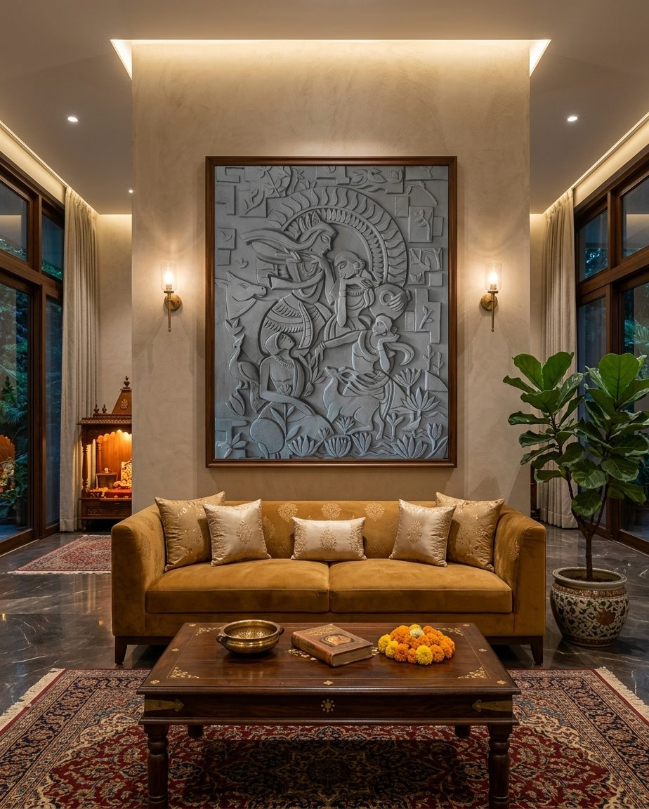 Divine Krishna and Gopis 3D Relief Mural Wall Art Panel - Room Mockup 1