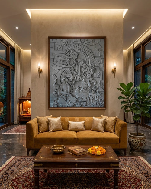 Divine Krishna and Gopis 3D Relief Mural Wall Art Panel - Room Mockup 1