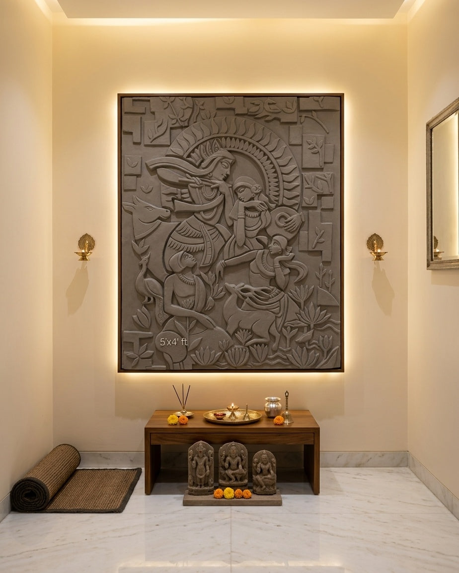 Divine Krishna and Gopis 3D Relief Mural Wall Art Panel - Room Mockup 2