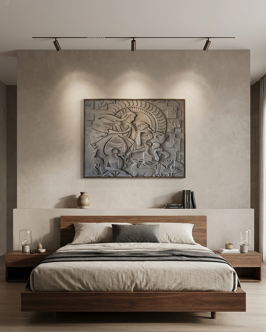 Divine Krishna and Gopis 3D Relief Mural Wall Art Panel - Room Mockup 3