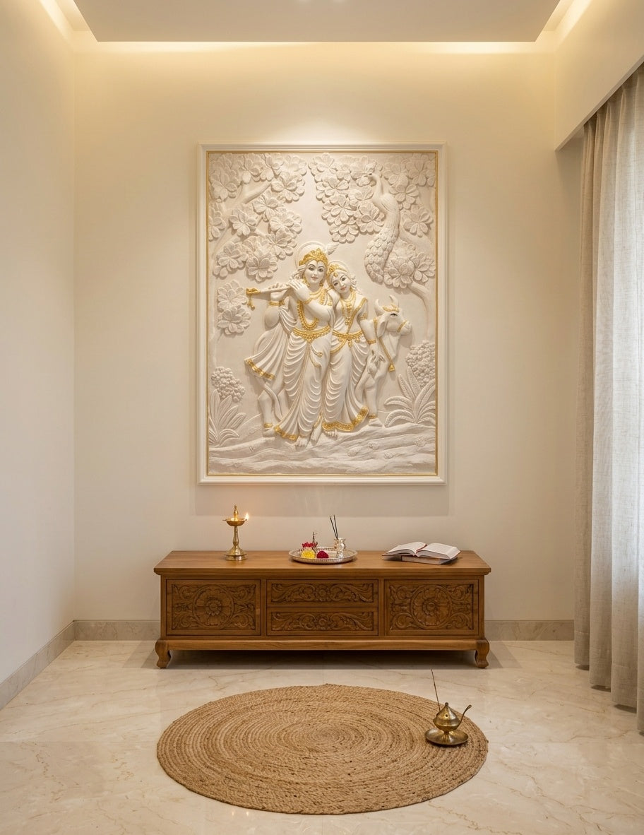 Radha Krishna with Cow 3D Relief Mural Panel - Room Mockup 2