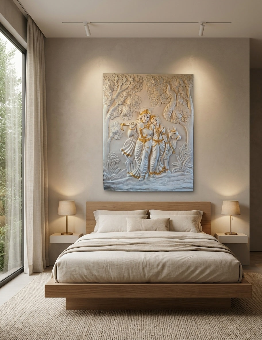 Radha Krishna with Cow 3D Relief Mural Panel - Room Mockup 3