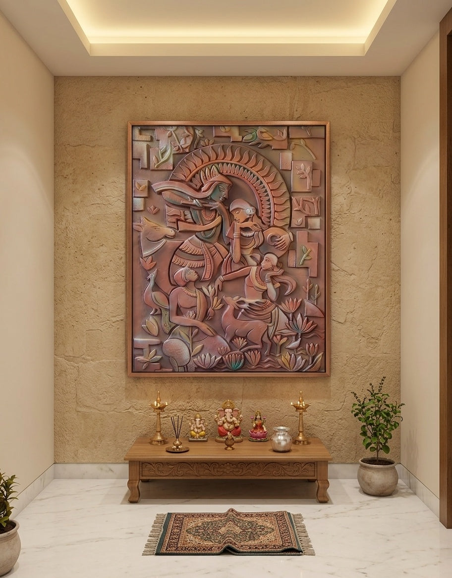 Radha Krishna Vrindavan 3D Relief Mural Wall Art - Room Mockup 2