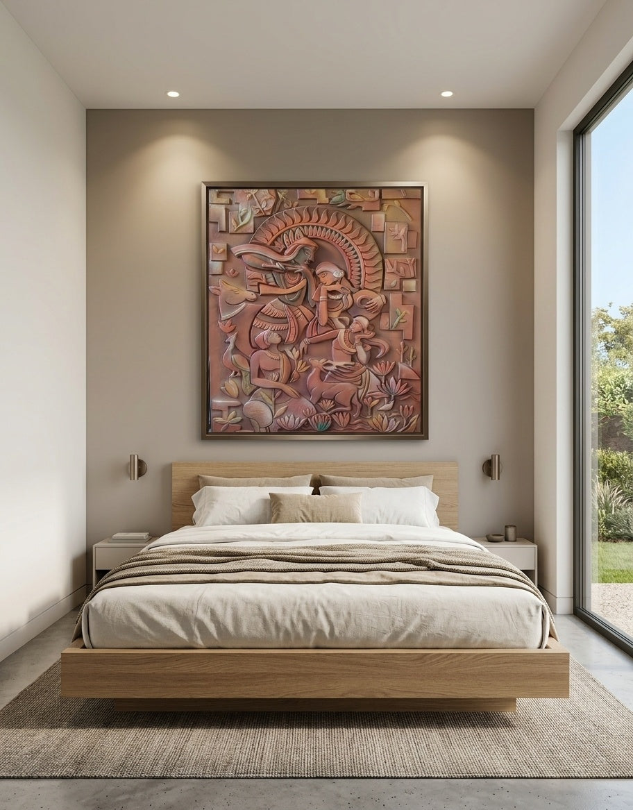 Radha Krishna Vrindavan 3D Relief Mural Wall Art - Room Mockup 3