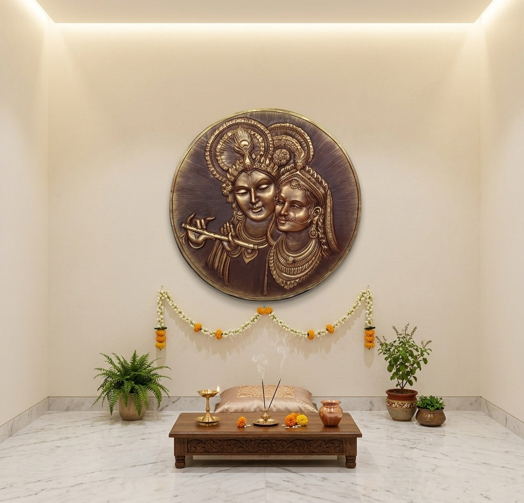 Radha Krishna Divine Love 3D Relief Circular Wall Art - Room Mockup 2