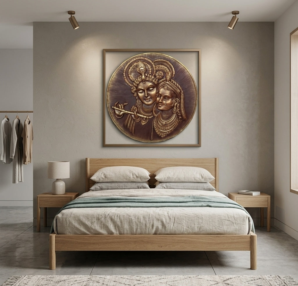 Radha Krishna Divine Love 3D Relief Circular Wall Art - Room Mockup 3