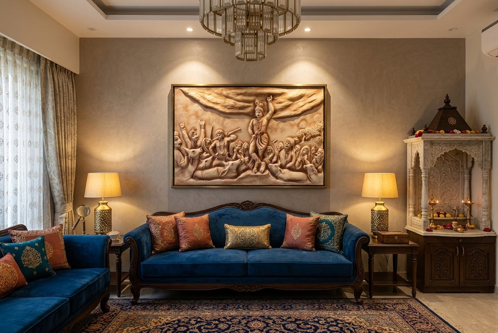 Govardhan Giridhari Krishna 3D Relief Wall Sculpture - Room Mockup 1