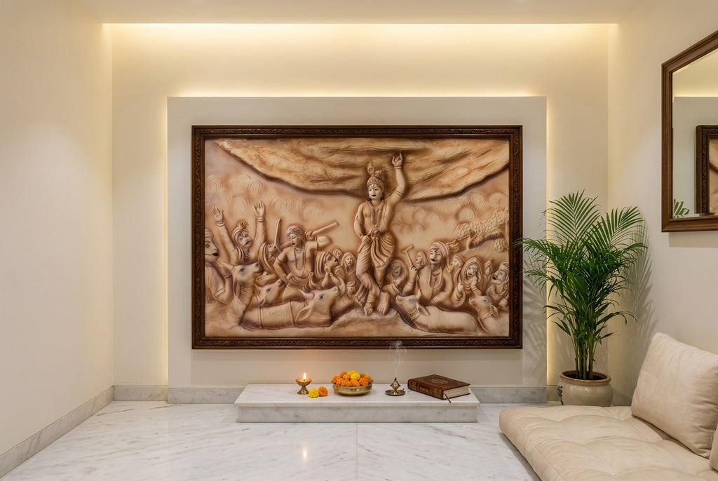 Govardhan Giridhari Krishna 3D Relief Wall Sculpture - Room Mockup 2