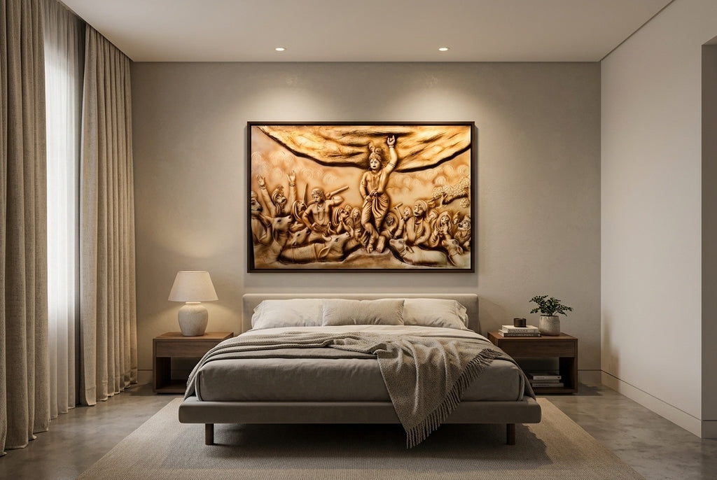Govardhan Giridhari Krishna 3D Relief Wall Sculpture - Room Mockup 3