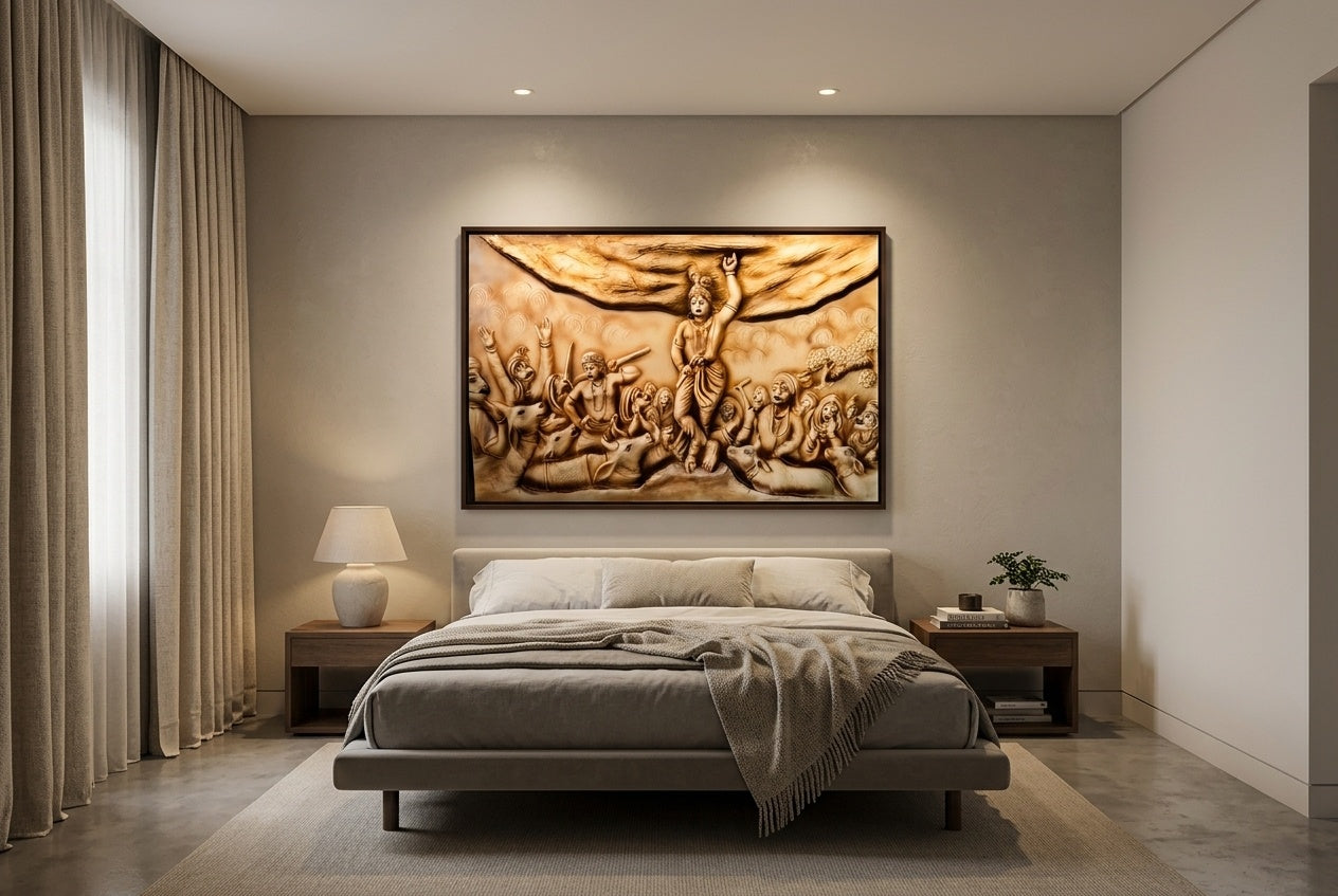 Govardhan Giridhari Krishna 3D Relief Wall Sculpture - Room Mockup 3