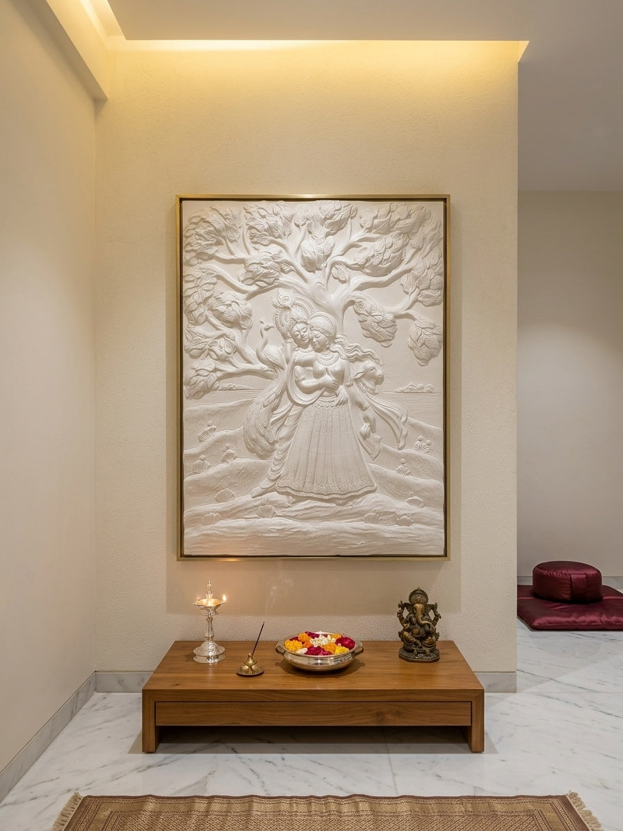 Radha Krishna Under the Tree 3D Relief Mural Wall Art - Room Mockup 2