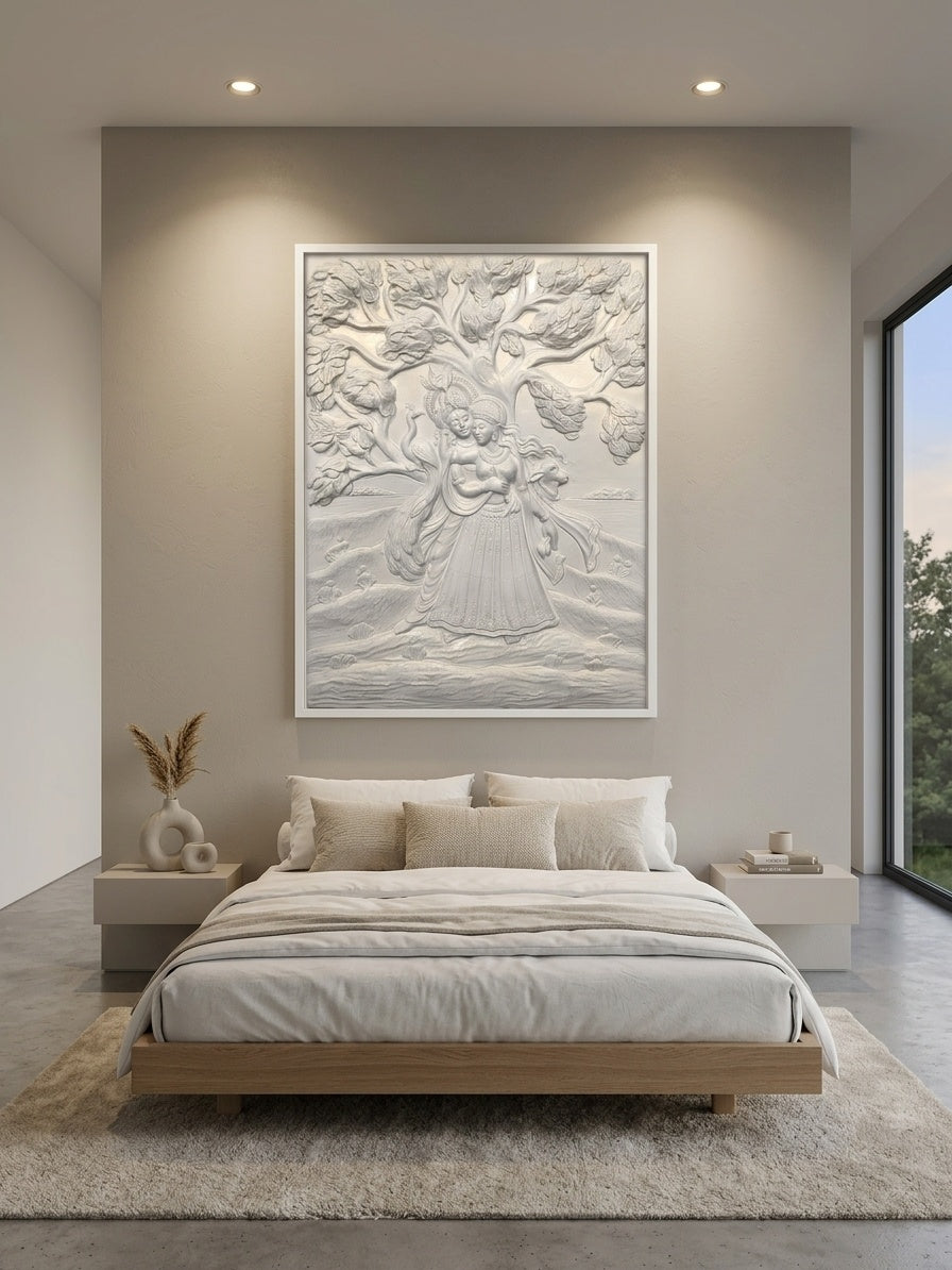 Radha Krishna Under the Tree 3D Relief Mural Wall Art - Room Mockup 3