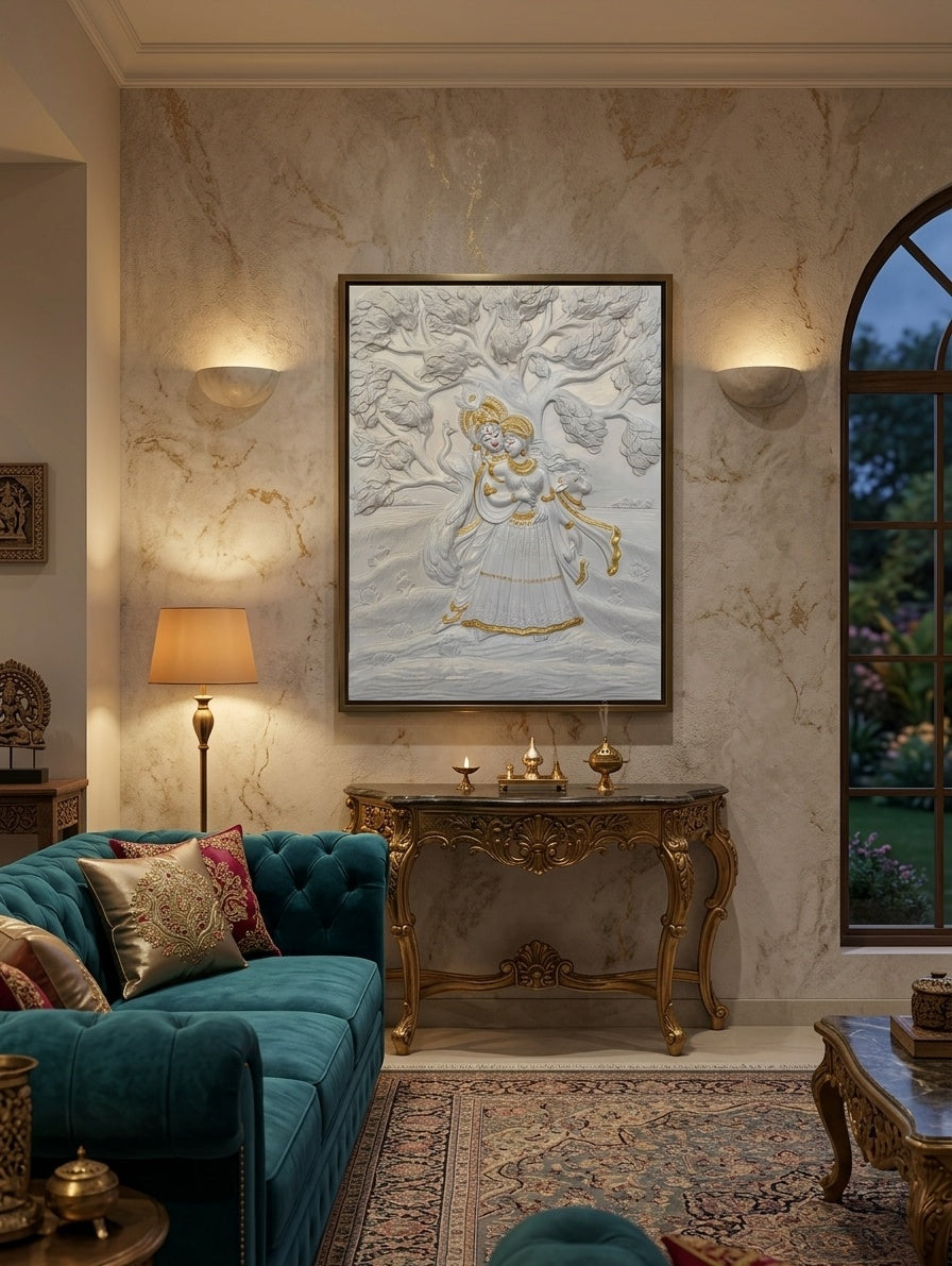 Radha Krishna under Tree 3D Relief Wall Art Mural - Room Mockup 1