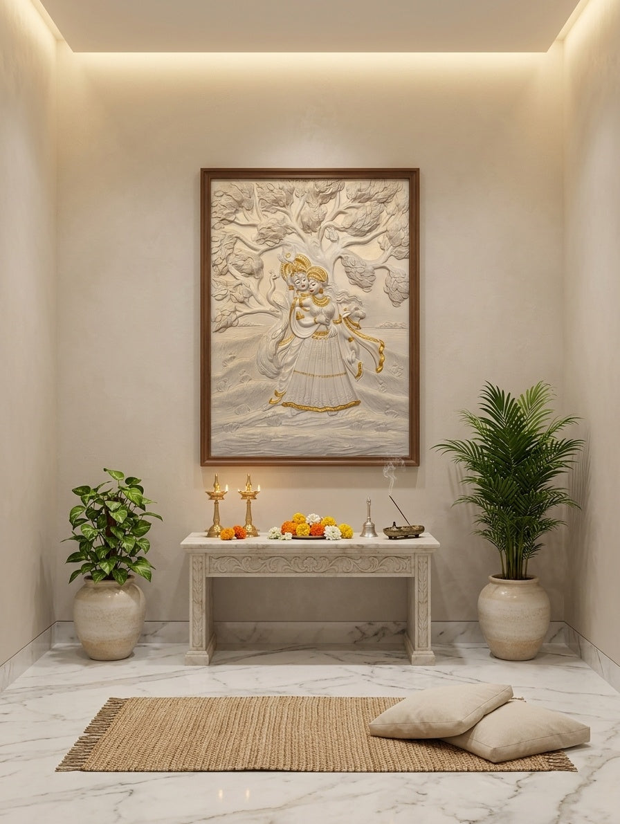 Radha Krishna under Tree 3D Relief Wall Art Mural - Room Mockup 2