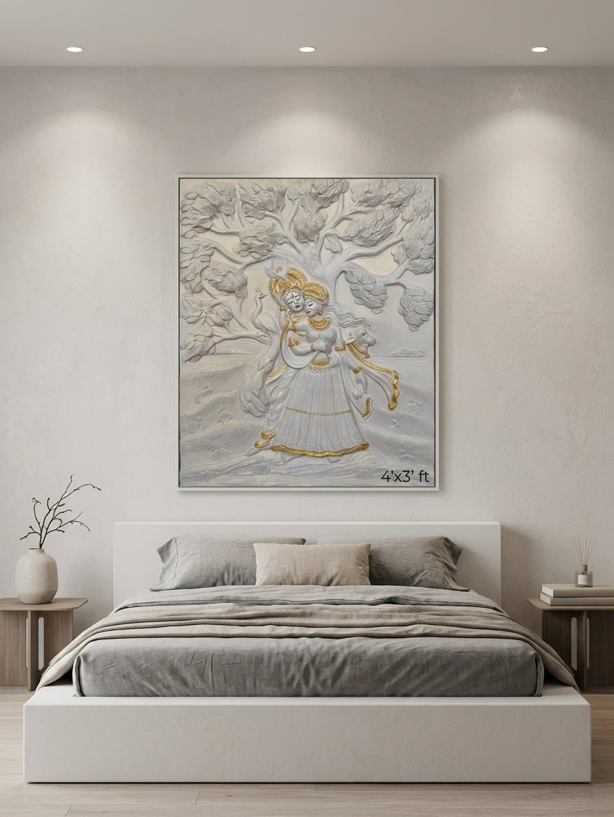 Radha Krishna under Tree 3D Relief Wall Art Mural - Room Mockup 3