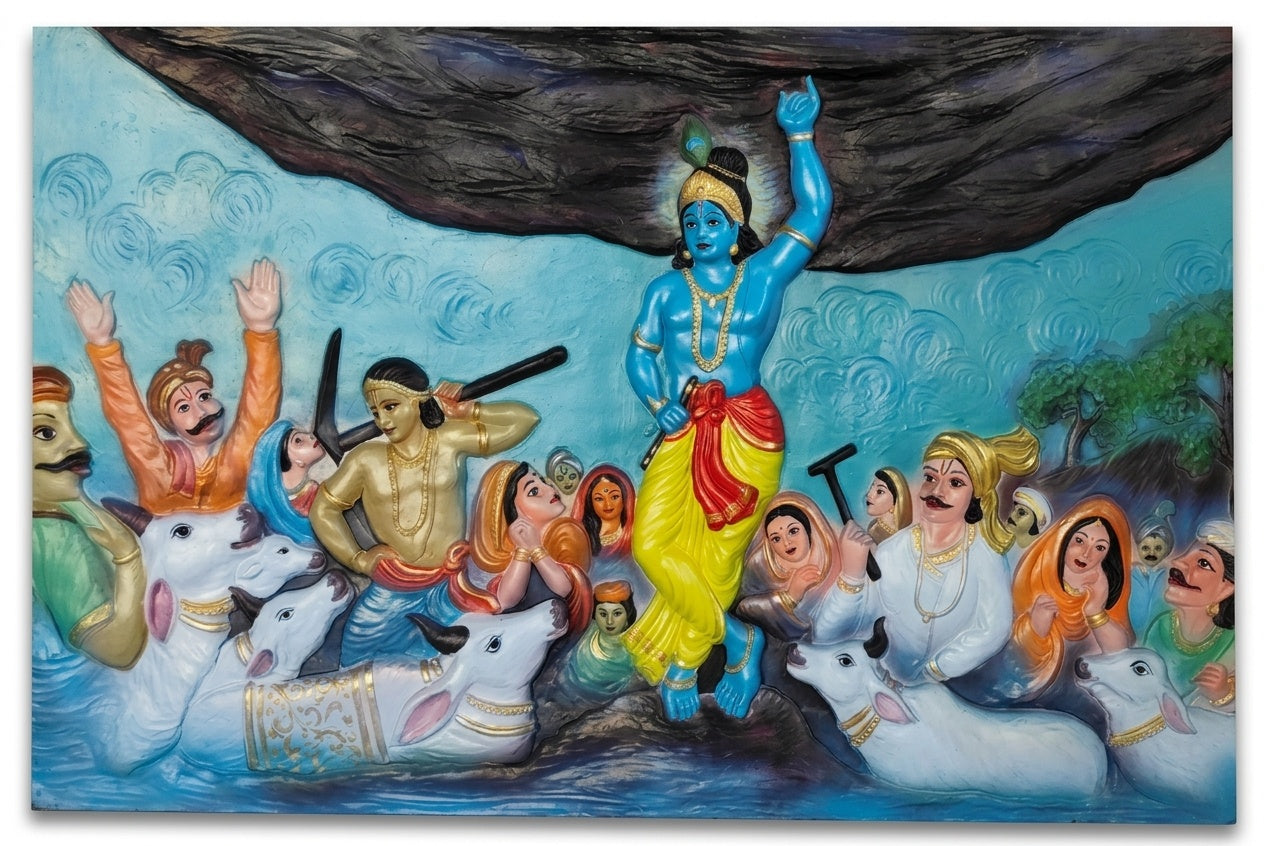 Krishna Lifting Govardhan Hill 3D Relief Wall Art Panel - Studio Detail