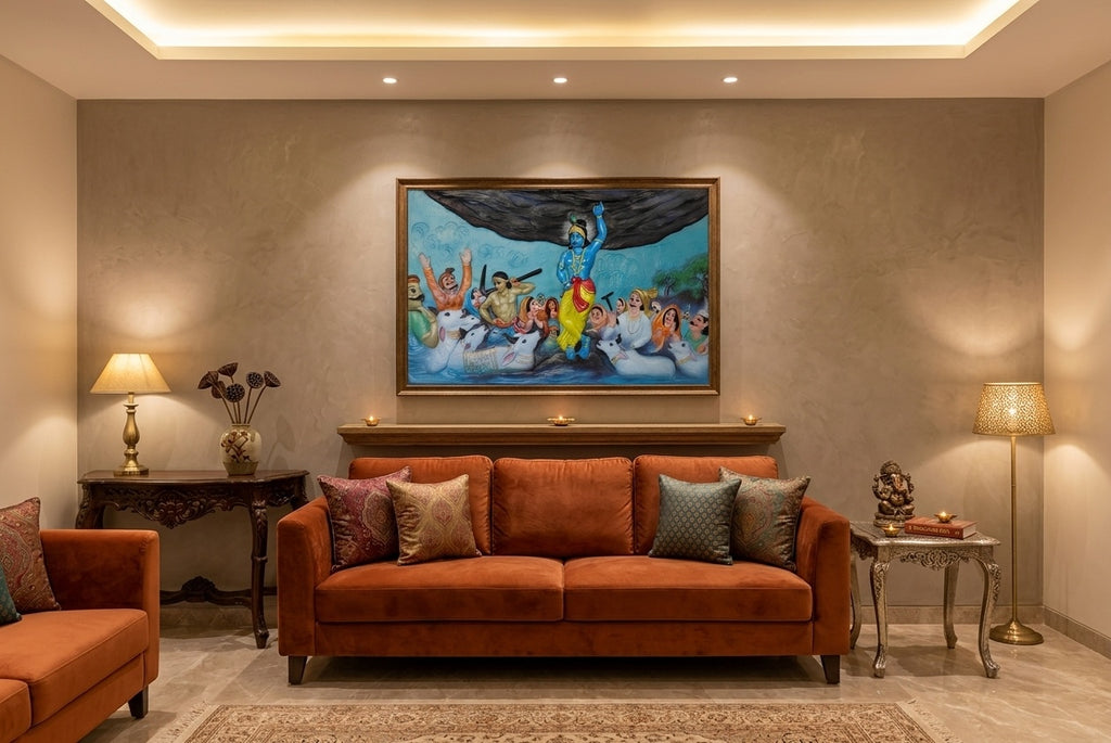 Krishna Lifting Govardhan Hill 3D Relief Wall Art Panel - Room Mockup 1