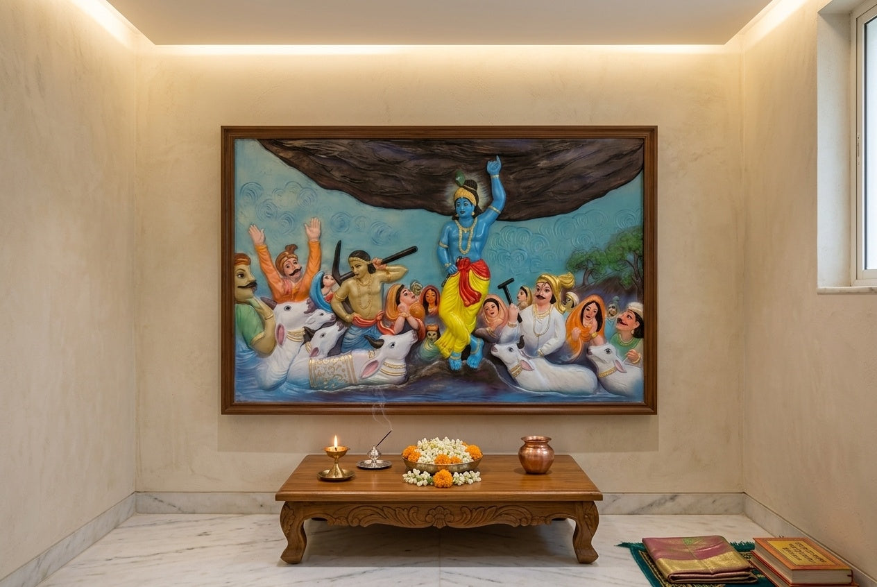 Krishna Lifting Govardhan Hill 3D Relief Wall Art Panel - Room Mockup 2