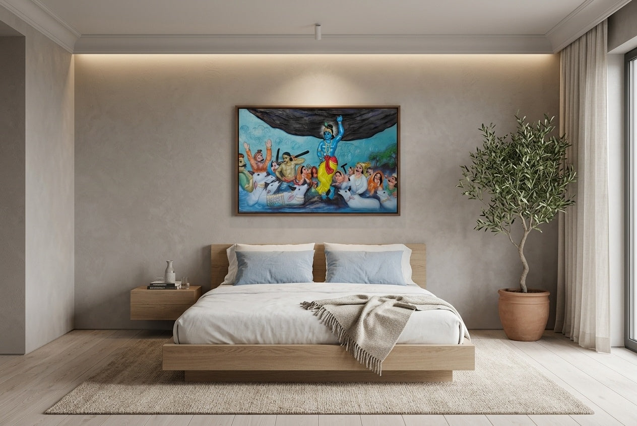 Krishna Lifting Govardhan Hill 3D Relief Wall Art Panel - Room Mockup 3