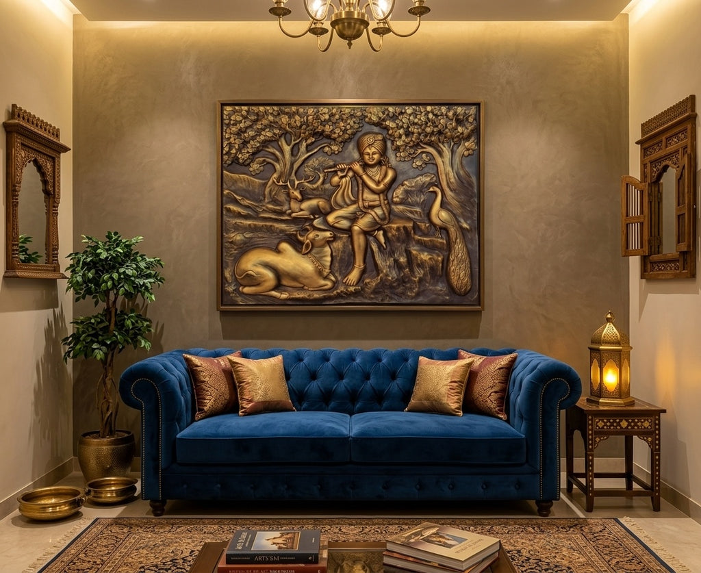 Lord Krishna Playing Flute 3D Relief Mural Wall Art - Room Mockup 1