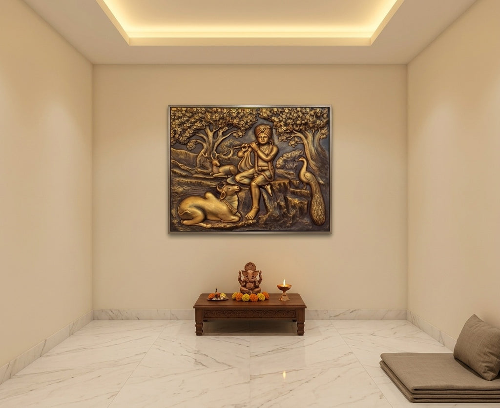 Lord Krishna Playing Flute 3D Relief Mural Wall Art - Room Mockup 2