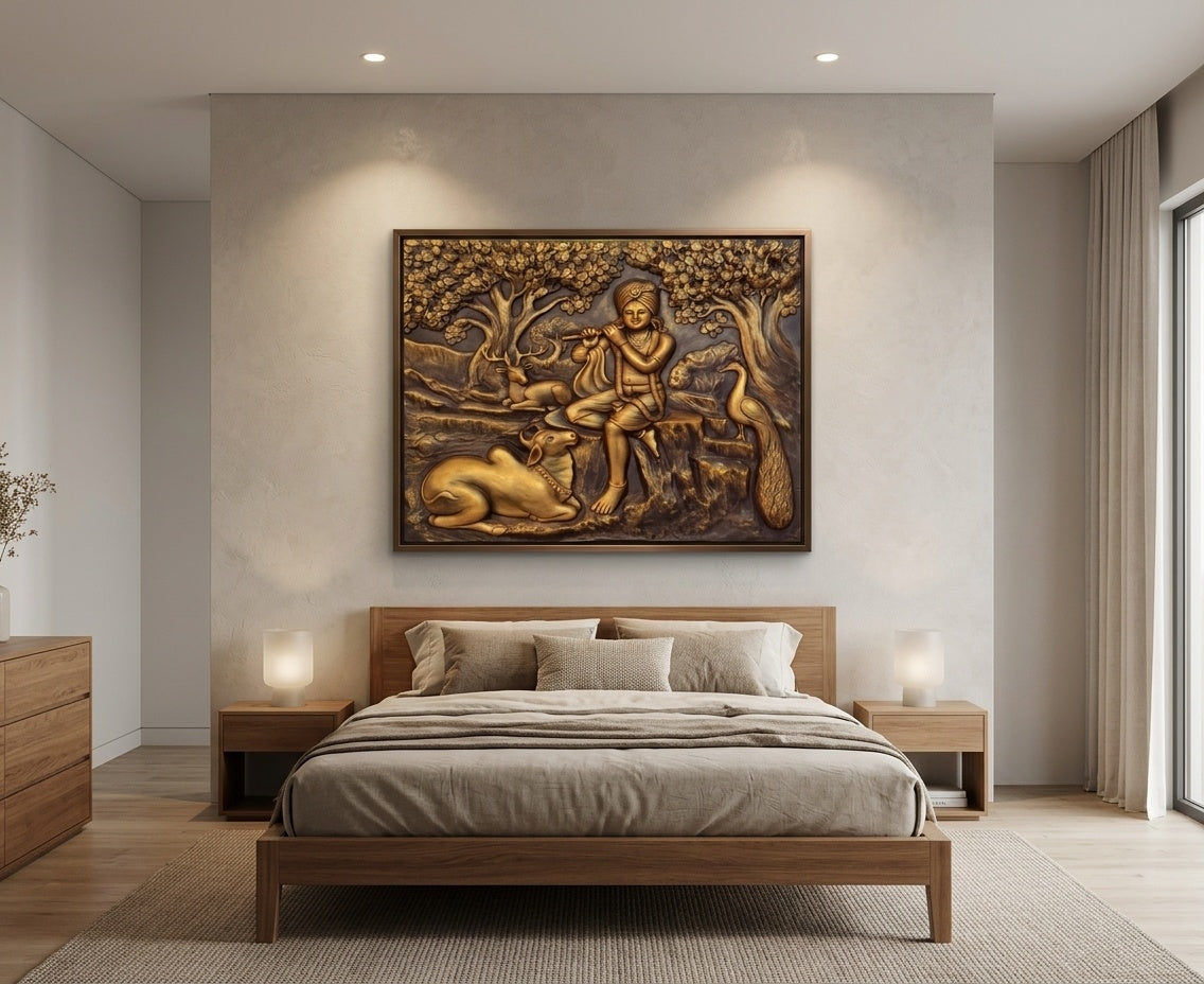 Lord Krishna Playing Flute 3D Relief Mural Wall Art - Room Mockup 3