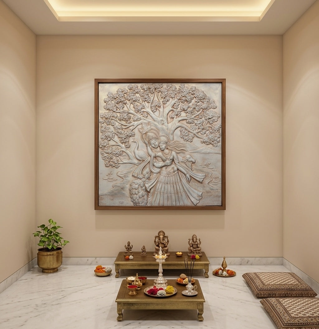 Radha Krishna Divine Love under Tree 3D Relief Sculpture Panel - Room Mockup 2