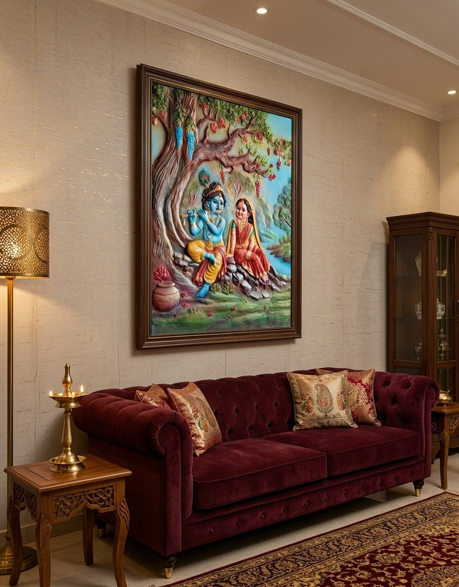 Radha Krishna Under Tree 3D Relief Sculpture Panel - Room Mockup 1
