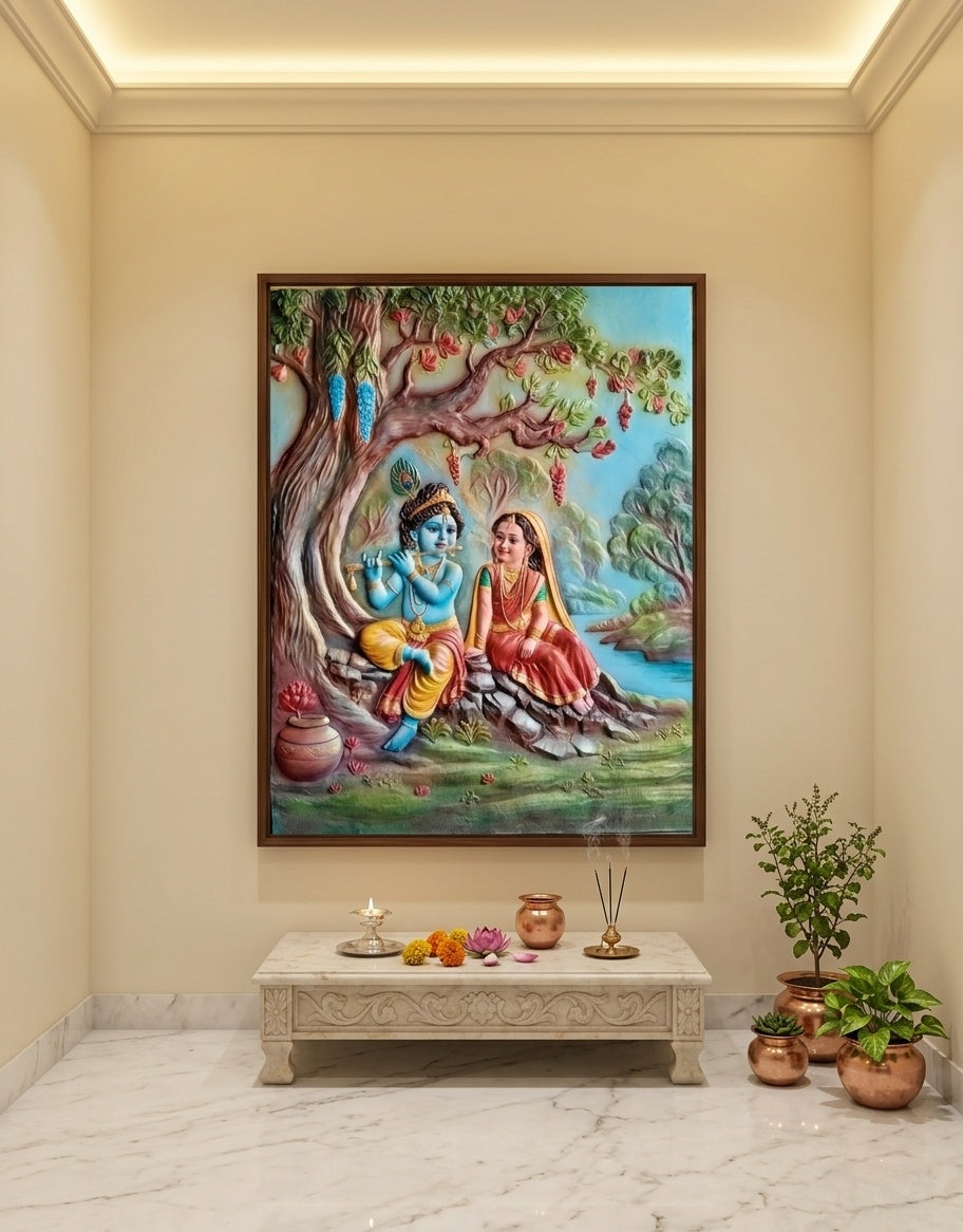 Radha Krishna Under Tree 3D Relief Sculpture Panel - Room Mockup 2