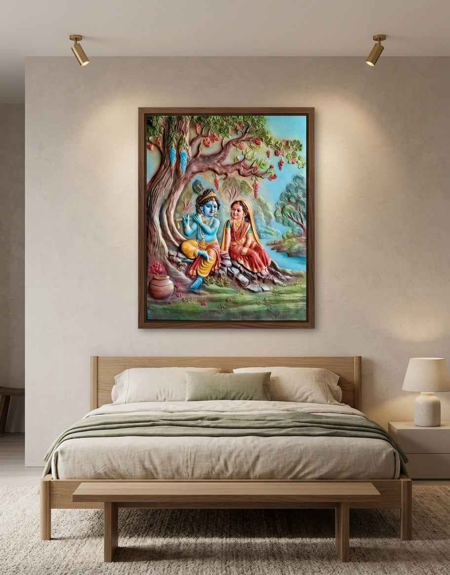 Radha Krishna Under Tree 3D Relief Sculpture Panel - Room Mockup 3