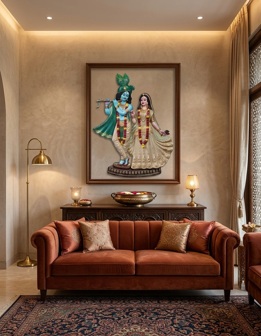 Radha Krishna 3D Relief Sculpture Wall Art Panel - Room Mockup 1