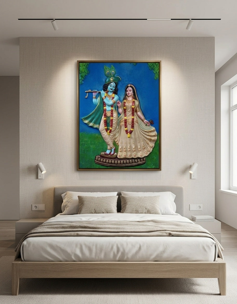 Radha Krishna 3D Relief Sculpture Wall Art Panel - Room Mockup 3