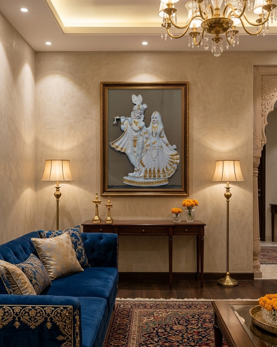 Radha Krishna White & Gold 3D Relief Wall Art Panel - Room Mockup 1