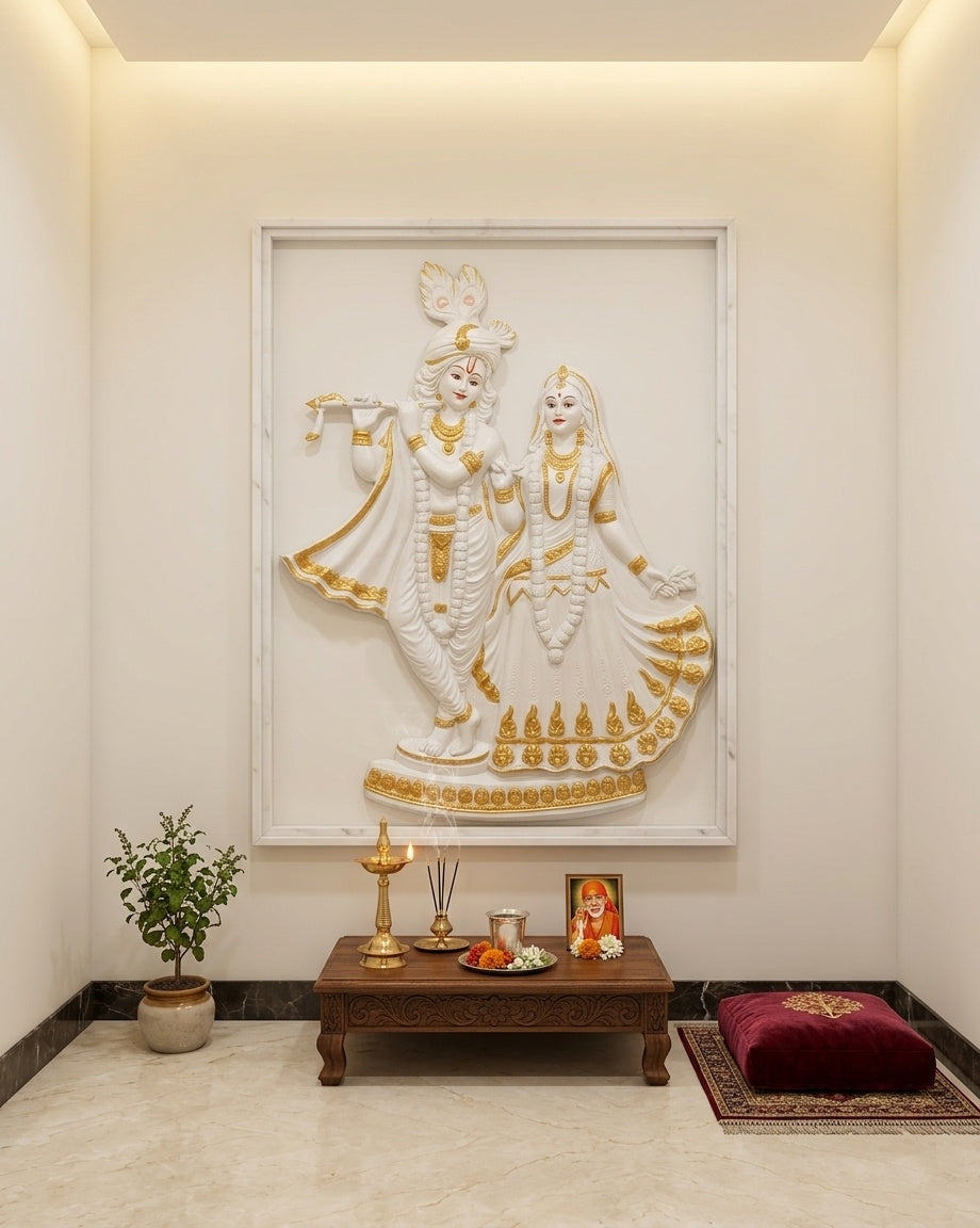 Radha Krishna White & Gold 3D Relief Wall Art Panel - Room Mockup 2