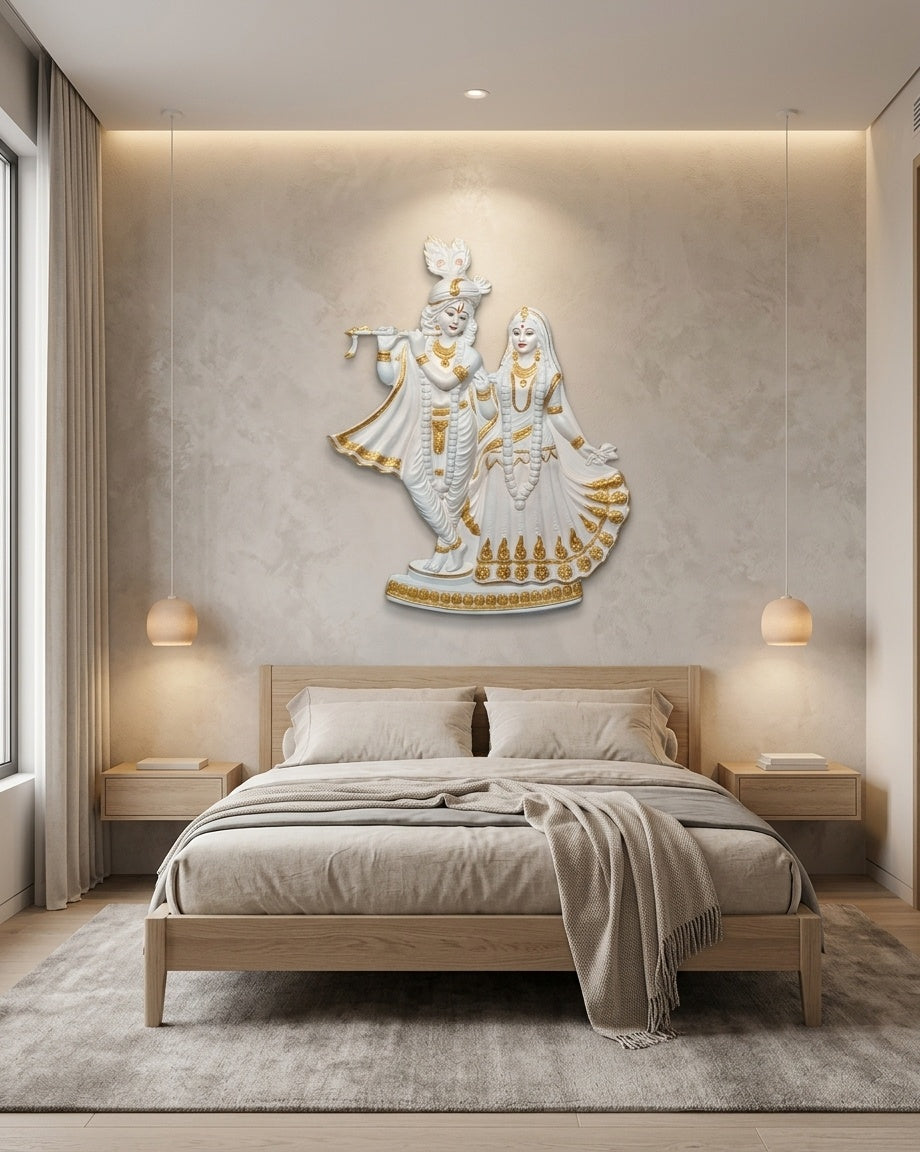 Radha Krishna White & Gold 3D Relief Wall Art Panel - Room Mockup 3