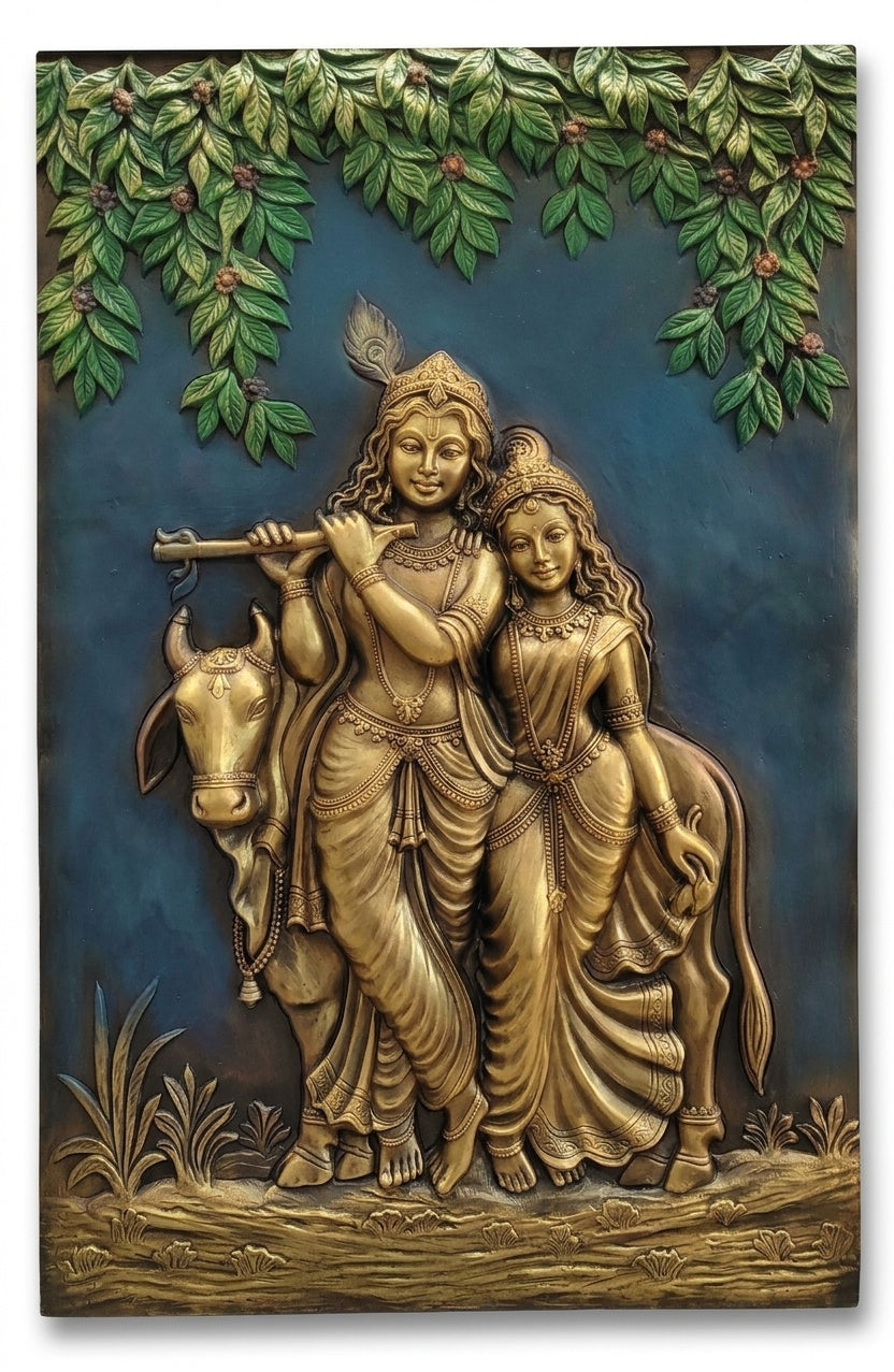 Radha Krishna with Cow 3D Relief Wall Art Panel - Studio Detail