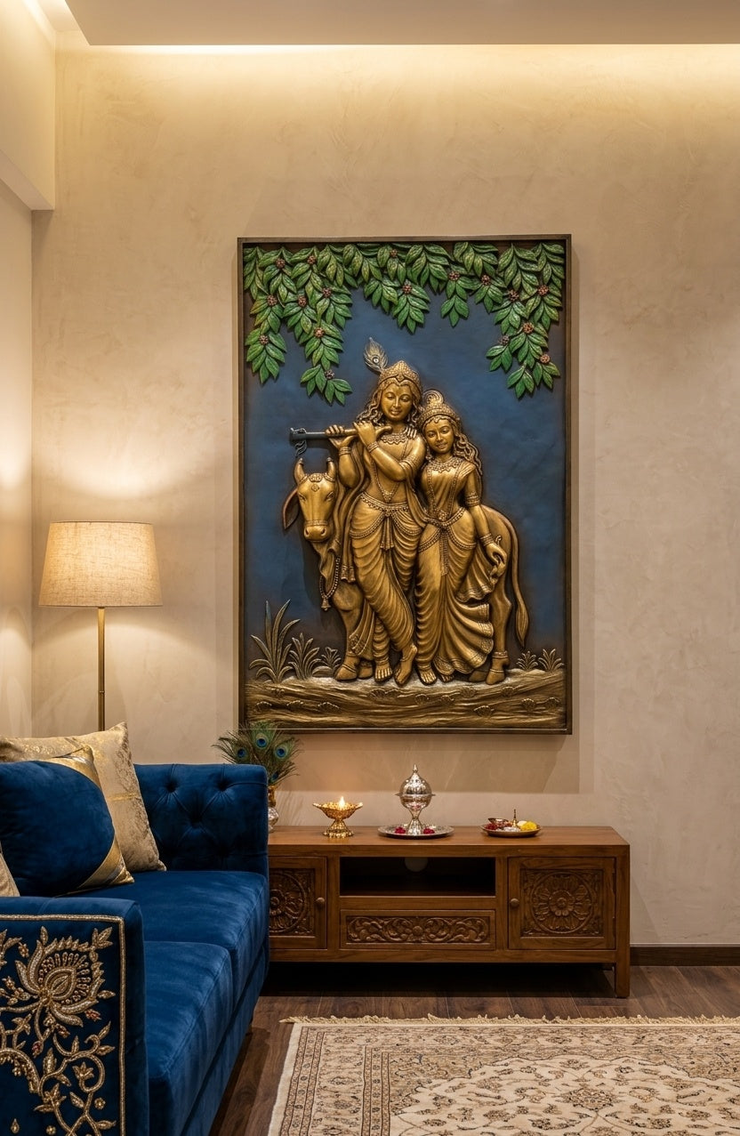 Radha Krishna with Cow 3D Relief Wall Art Panel - Room Mockup 1