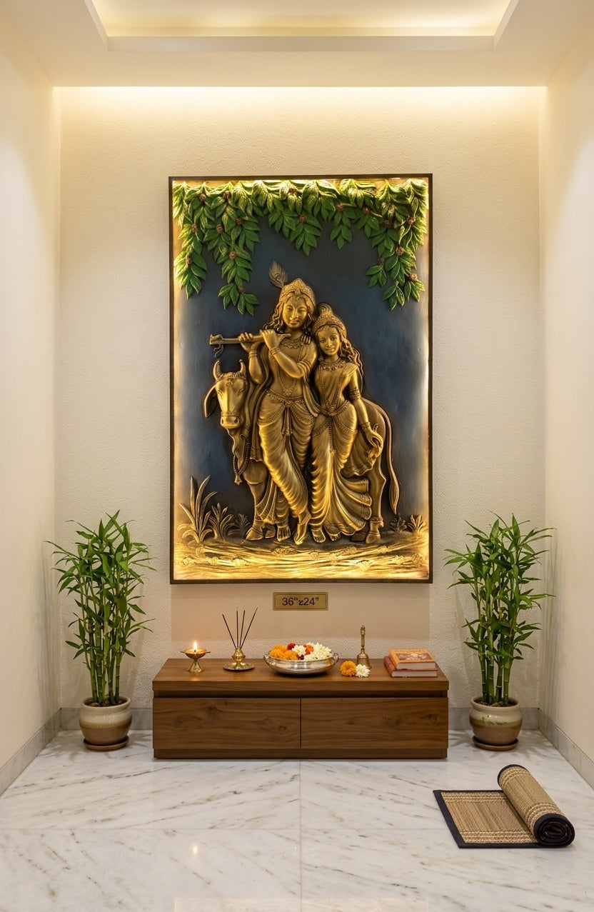 Radha Krishna with Cow 3D Relief Wall Art Panel - Room Mockup 2
