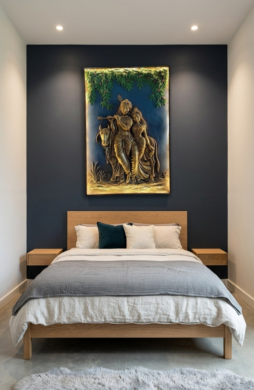 Radha Krishna with Cow 3D Relief Wall Art Panel - Room Mockup 3