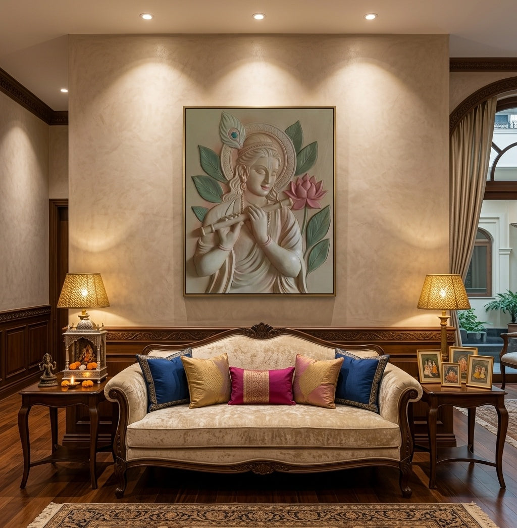 Divine Krishna with Flute 3D Relief Sculpture Mural - Room Mockup 1