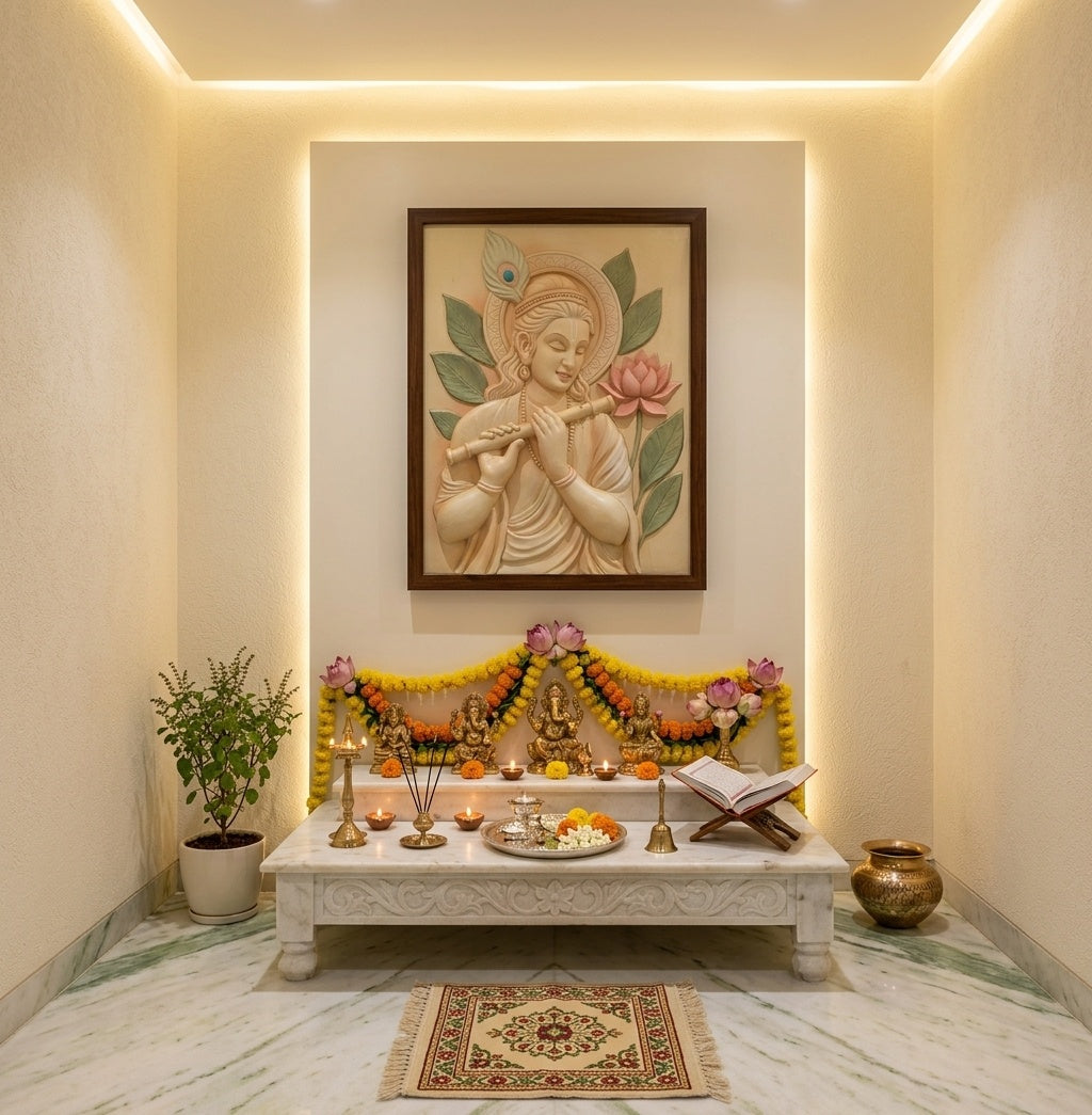 Divine Krishna with Flute 3D Relief Sculpture Mural - Room Mockup 2