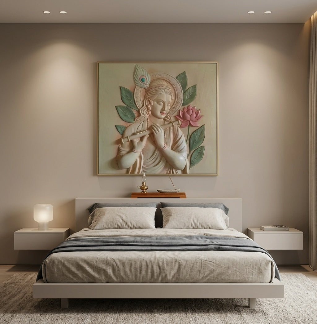 Divine Krishna with Flute 3D Relief Sculpture Mural - Room Mockup 3