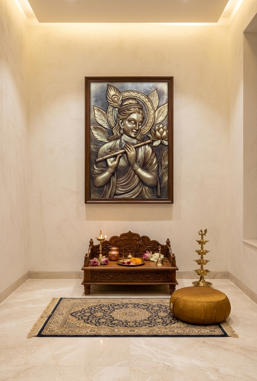Lord Krishna Playing Flute 3D Relief Wall Art Mural - Room Mockup 2