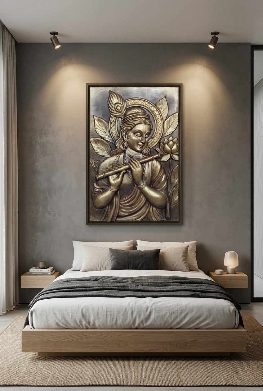 Lord Krishna Playing Flute 3D Relief Wall Art Mural - Room Mockup 3