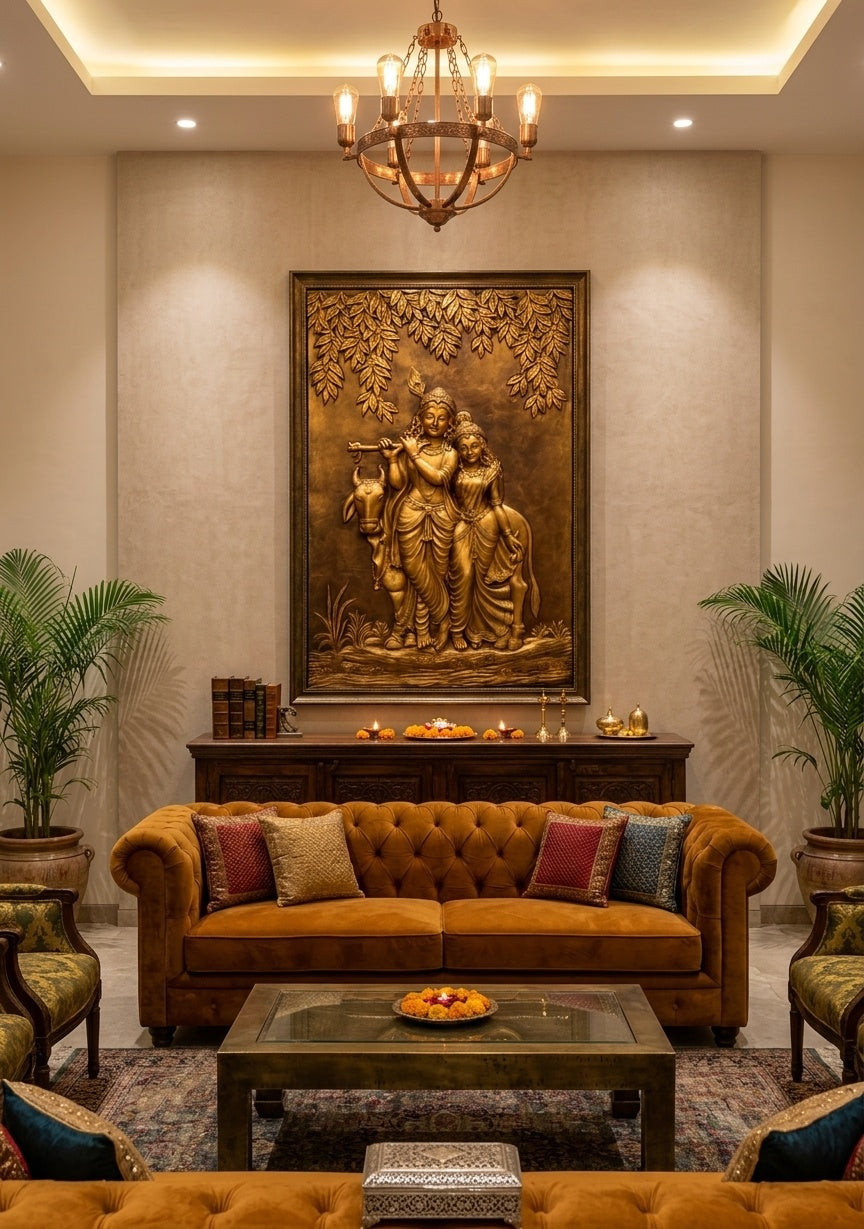Radha Krishna with Cow 3D Relief Mural Wall Art - Room Mockup 1