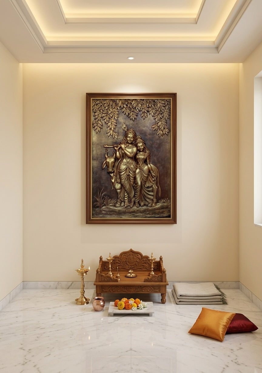 Radha Krishna with Cow 3D Relief Mural Wall Art - Room Mockup 2