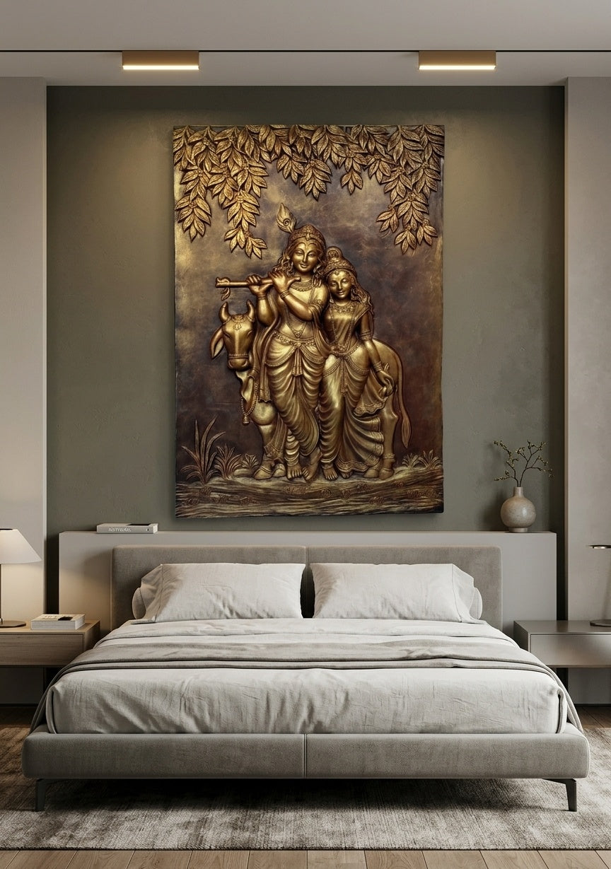 Radha Krishna with Cow 3D Relief Mural Wall Art - Room Mockup 3