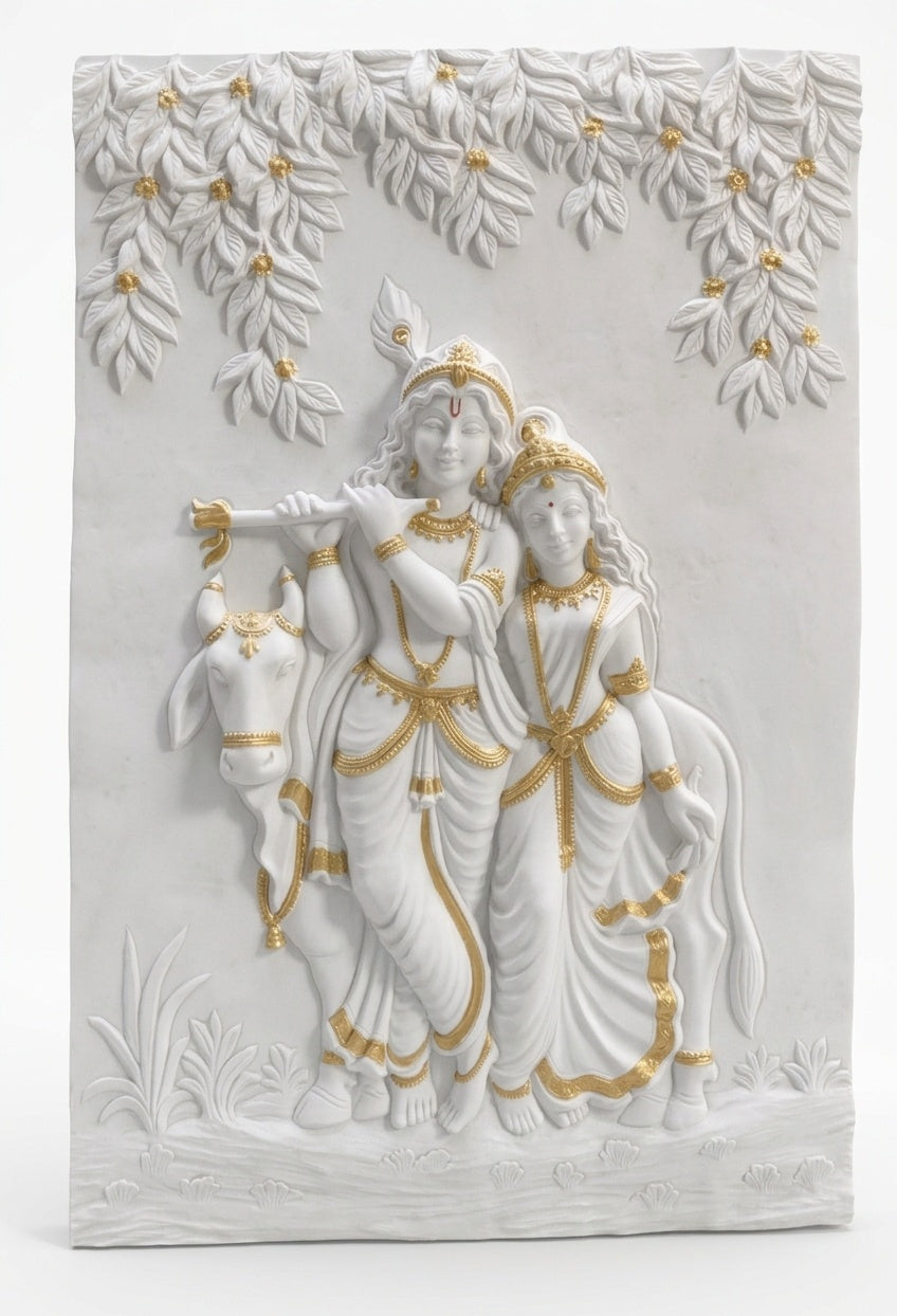 Radha Krishna with Sacred Cow 3D Relief Wall Art Mural - Studio Detail