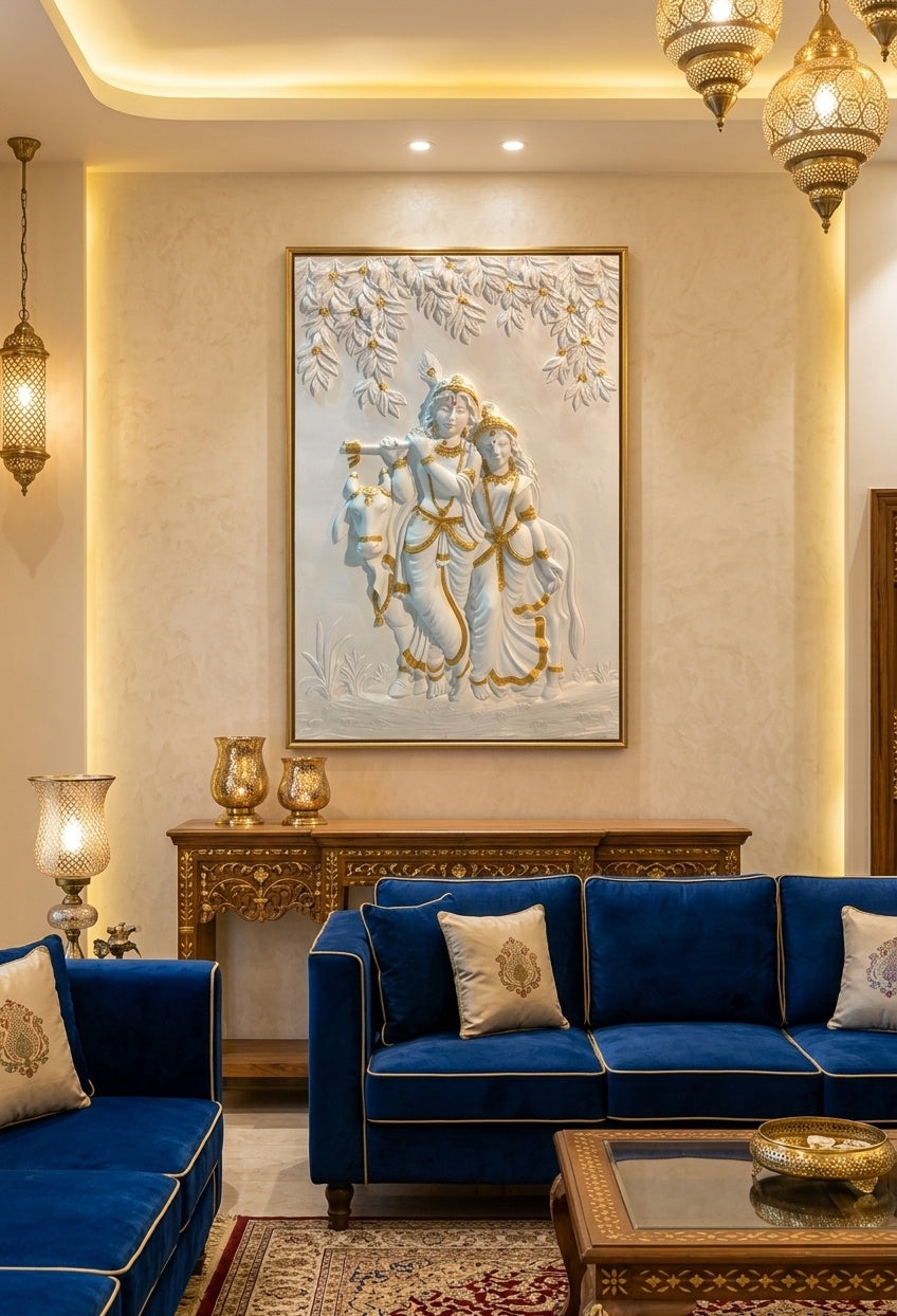 Radha Krishna with Sacred Cow 3D Relief Wall Art Mural - Room Mockup 1