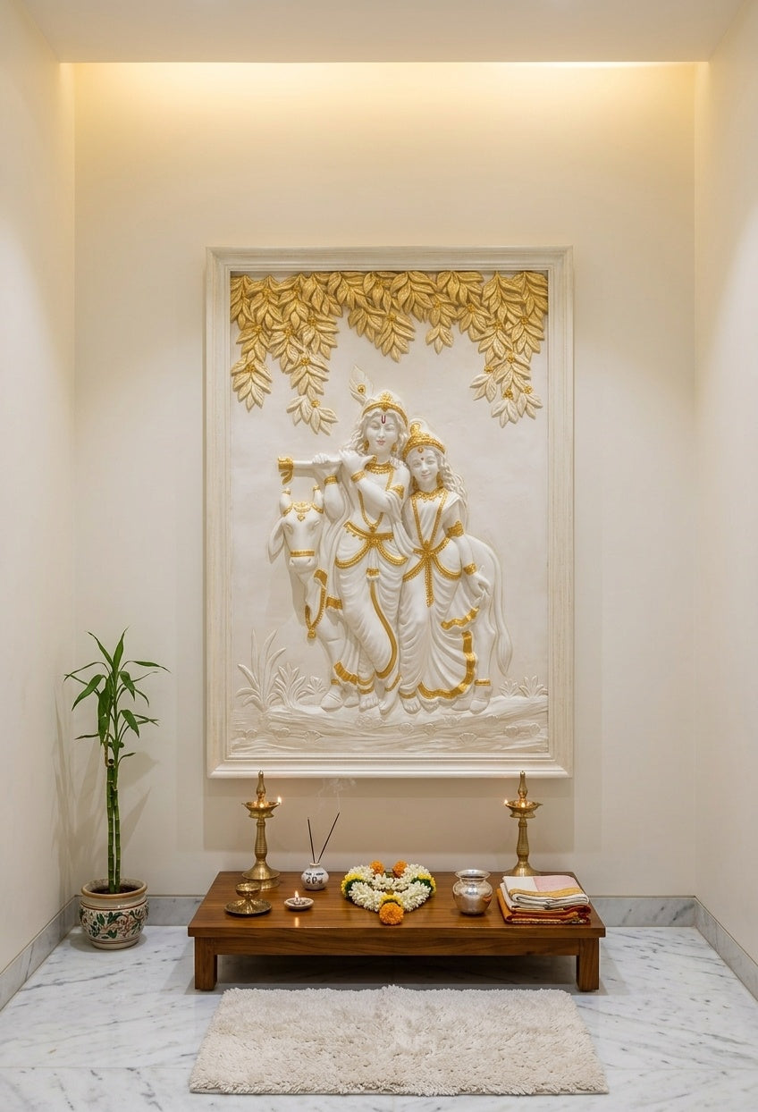 Radha Krishna with Sacred Cow 3D Relief Wall Art Mural - Room Mockup 2